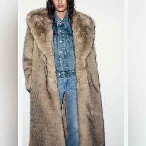 Zara Tan/Brown Faux Fur Long Coat XS-S